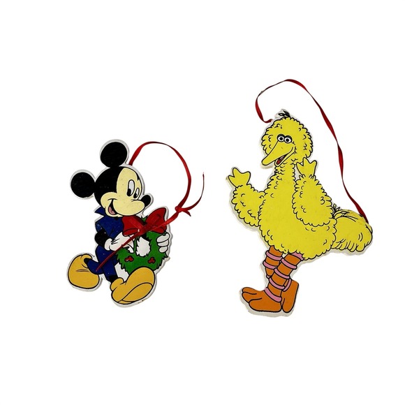 Jim Henson Sesame Street Other - Vtg PBS Sesame Street Big Bird Disney Mickey Mouse Wooden Christmas Ornaments
